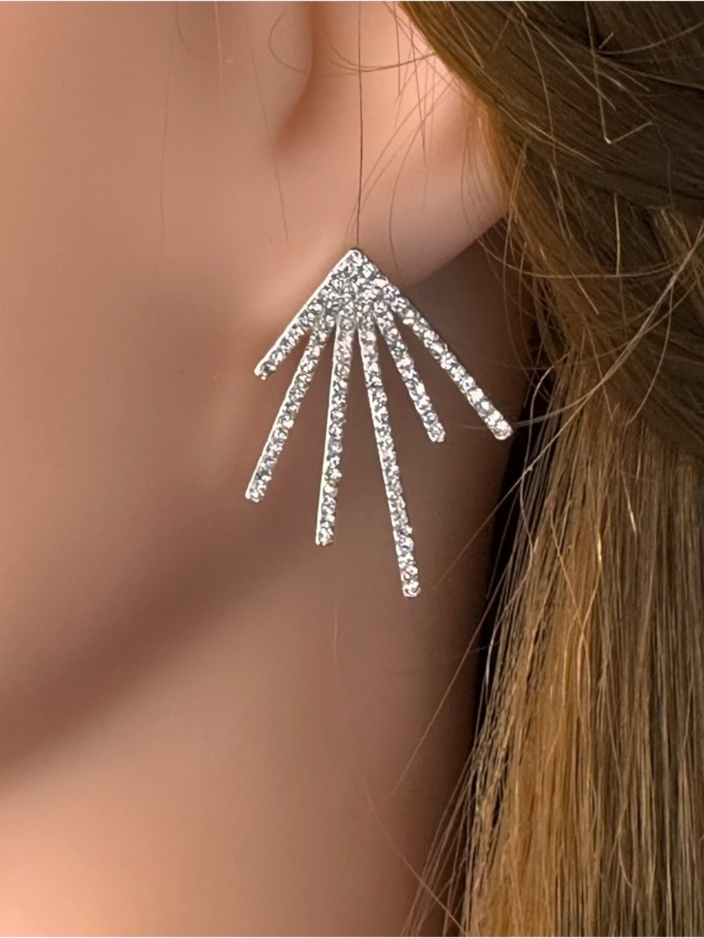 Vintage Rhinestone Fan Statement Earrings – Silver Tone Sparkly Art Deco Style